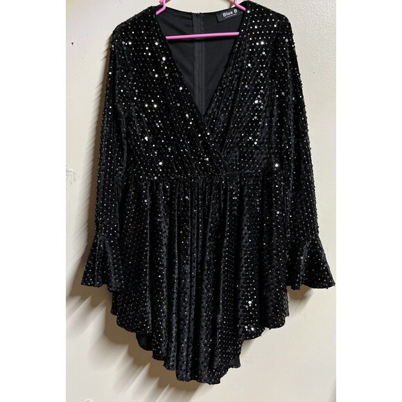 Blue B Collection Large Black Surplice Neck Fit & Flare Sequin Dress High Low - Picture 1 of 8